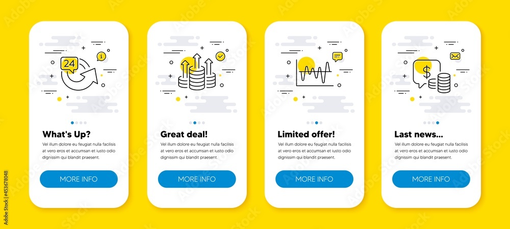 Poster vector set of budget, stock analysis and 24 hours line icons set. ui phone app screens with line ico