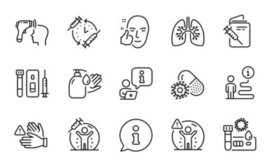 Medical icons set. Included icon as Wash hands, Social distance, Healthy face signs. Lungs, Covid test, Vaccination passport symbols. Blood and saliva test, Coronavirus pills, Dont touch. Vector