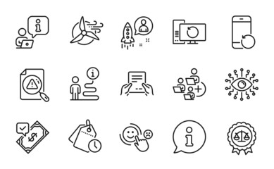 Education icons set. Included icon as Justice scales, Receive file, Recovery phone signs. Accepted payment, Search document, Customer satisfaction symbols. Startup, Time management. Vector