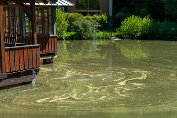 Closeup shot of flooded wooden pavilions