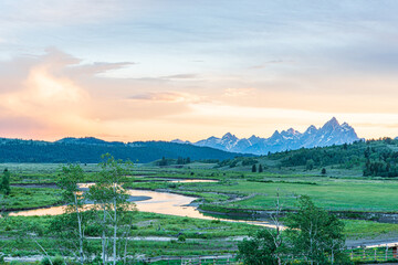 Buffalo Fork River Valley in Evening Light with the Grand Teton Mountains in the Background