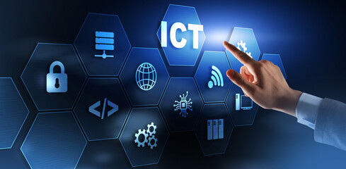 Information and communications technology concept 2021. Businessman is pressing on the virtual...