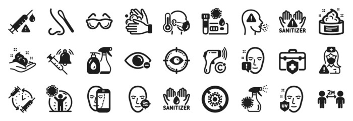 Set of Medical icons, such as Sick man, Myopia, Cleaning liquids icons. Wash hands, Skin cream, Social distancing signs. Coronavirus protection, Uv protection, Medical insurance. Cough. Vector
