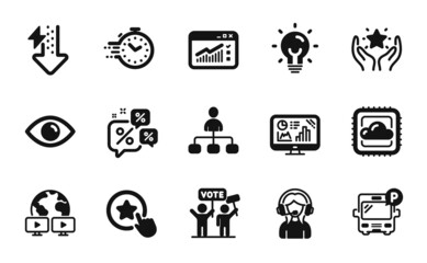 Vector set of Analytics graph, Bus parking and Video conference icons simple set. Energy, Eye and Support icons. Management, Voting campaign and Cloud computing signs. Vector
