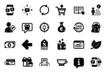 Vector Set of simple icons related to Smartphone sms, Mint leaves and Identity confirmed icons. Full rotation, Online market and Web traffic signs. Wish list, Read instruction and Money bag. Vector