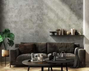 Modern home interior mock-up with dark sofa, table, and decoration in the living room, 3d render