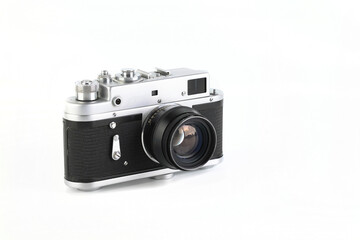 Old rangefinder film photo camera on white background.