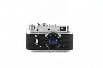 Old rangefinder film photo camera on white background.
