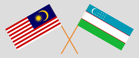 Crossed flags of Malaysia and Uzbekistan. Official colors. Correct proportion