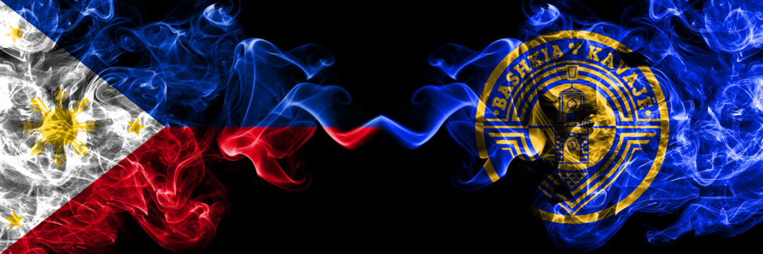 Philippines, Filipino vs Albania, Flamuri, Bashkise, Kavaje, state smoke flags side by side.