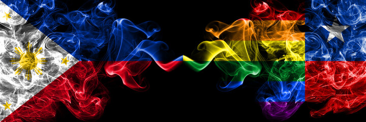 Philippines, Filipino vs Chile, Chilean, Gay smoke flags side by side.