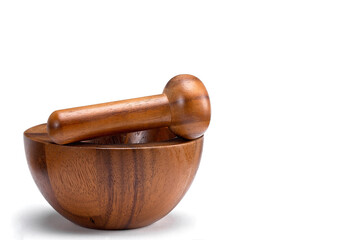 Wooden kitchen mortar, isolated on white background, kitchen utensil, with space for text