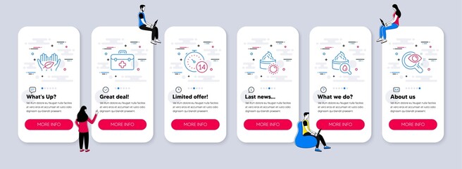 Vector Set of Healthcare icons related to Sun cream, Moisturizing cream and First aid icons. UI phone app screens with teamwork. Quarantine, Fair trade and Vision test line symbols. Vector