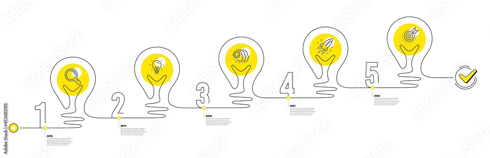 Poster business infographic timeline with 5 steps. lightbulb journey path infographics. workflow process di