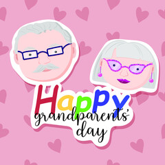 Abstract background with hearts and seniors. Sticker effect. Happy grandparents day greeting card vector illustration. Cute cartoon grandmother and grandfather.