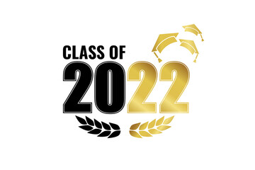 Class of 2022. Black gold number with education academic cap and laurel wreath on white. Template for graduation design, high school or college congratulation graduate, yearbook. Vector illustration.