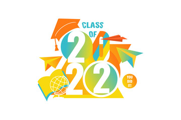 Class of 2022. Colorful number 2022 with geometric shape, education academic cap. Template for graduation design frame, high school or college congratulation graduate, yearbook. Vector illustration.