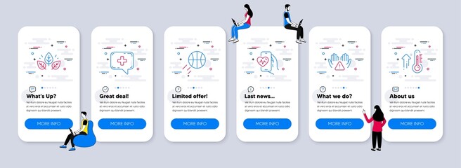 Healthcare icons set. UI phone app screens with teamwork. Included icon as Cardio training, Organic tested, Clean hands signs. Medical chat, Basketball, High thermometer line icons. Vector