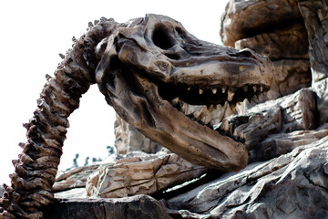 dinosaur skeleton sculpture near stone 