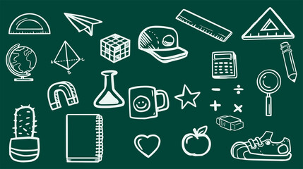 School elements drawn in blackboard style.