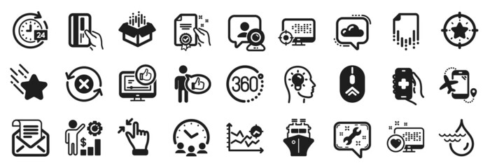 Fototapeta na wymiar Set of Technology icons, such as Spanner, Video conference, Touchscreen gesture icons. Employees wealth, Recovery file, Mail newsletter signs. Like, Certificate, Falling star. Star target. Vector