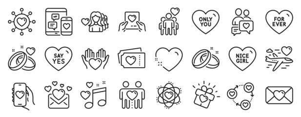 Set of Love icons, such as Marriage rings, Hold heart, Nice girl icons. Love music, Social media, Honeymoon travel signs. Woman love, Friendship, Heart. Dating chat, Dating app, Only you. Vector