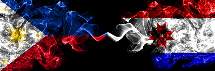Philippines, Filipino vs Russia, Russian, Mordovia smoke flags side by side.