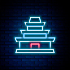 Glowing neon line Traditional Korean temple building icon isolated on brick wall background. Colorful outline concept. Vector