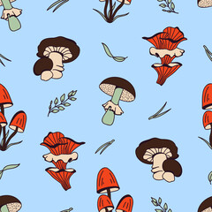 Hand-drawn vector seamless pattern with mushrooms in orange, beige, brown and green on a blue background. Illustration in retro and cottage-core style with plants of the autumn forest.