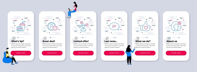 Set of Business icons, such as Chat, Like hand, Parking time icons. UI phone app screens with teamwork. Conversation messages, Hamburger, Loan percent line symbols. Vector
