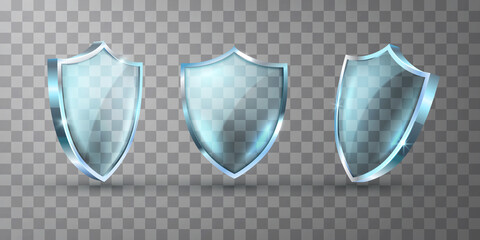 Realistic glass shield vector illustrations. Empty blank transparent blue acrylic glass panel with reflection and glow.