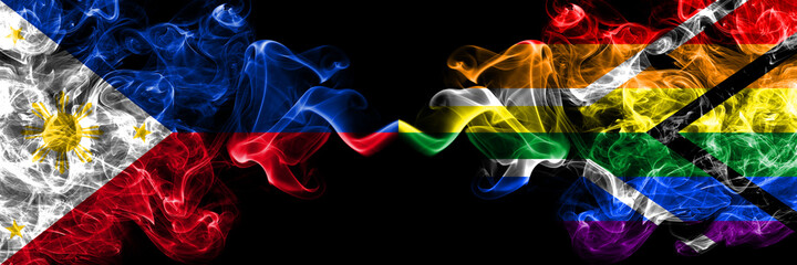 Philippines, Filipino vs South Africa, African, gay  smoke flags side by side.