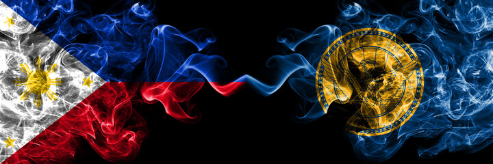 Philippines, Filipino vs United States of America, America, US, USA, American, Atlanta, Georgia smoke flags side by side.