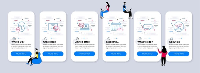 Business icons set. UI phone app screens with teamwork. Included icon as Uv protection, Online loan, Reject certificate signs. Dots message, Calendar graph, Startup line icons. Vector