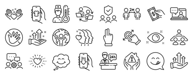 Set of People icons, such as Click hand, Health eye, Interview job icons. Engineering team, Social distancing, Global business signs. Reception desk, Friends chat, Hold heart. Do not touch. Vector