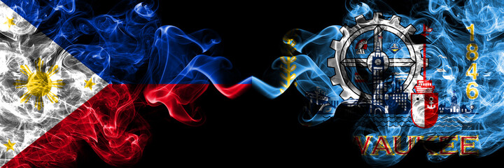Philippines, Filipino vs United States of America, America, US, USA, American, Milwaukee, Wisconsin smoke flags side by side.