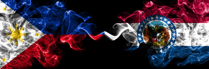 Philippines, Filipino vs United States of America, America, US, USA, American, Missouri smoke flags side by side.