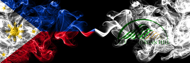 Philippines, Filipino vs United States of America, America, US, USA, American, Morgan Hill, California smoke flags side by side.