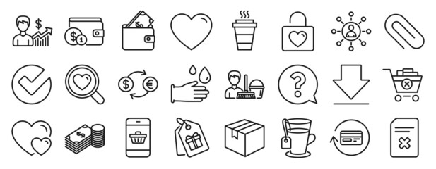 Set of line icons, such as Parcel, Currency exchange, Remove purchase icons. Savings, Smartphone buying, Tea signs. Wallet, Delete file, Paper clip. Refund commission, Heart, Hearts. Vector