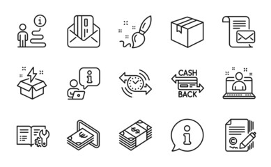 Line icons set. Included icon as Parcel, Mail letter, Copywriting signs. Credit card, Usd currency, Cashback card symbols. Paint brush, Timer, Cash. Engineering documentation, Best manager. Vector