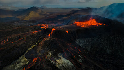 Beautiful aerial view of the Active Volcano with red Lava in Iceland