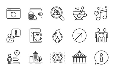 Business icons set. Included icon as Friends couple, Carousels, Artificial intelligence signs. Flammable fuel, Coffee maker, Payment method symbols. Direction, Love music, Tea cup. Vector