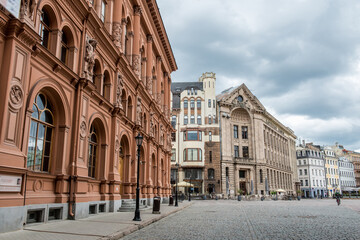 Fototapeta na wymiar View to empty Dom square street, due to Covid-19 quarantine in Riga