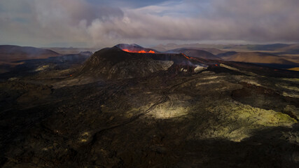 Beautiful aerial view of the Active Volcano with red Lava in Iceland