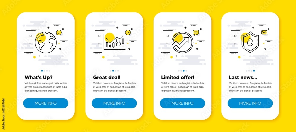 Poster vector set of audit, world planet and financial diagram line icons set. ui phone app screens with li
