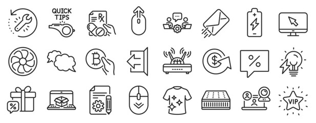 Set of Business icons, such as Wifi, Swipe up, Recovery tool icons. Discount message, E-mail, Bitcoin pay signs. Scroll down, Prescription drugs, Online delivery. Messenger, Documentation. Vector