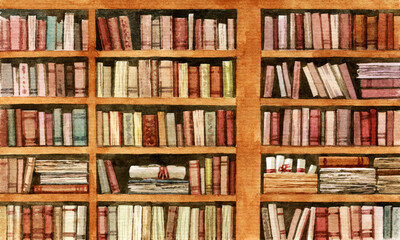 Shelves with old books and scrolls. An old library painted in watercolor. Cabinets with old books, treatises and scrolls. An old bookcase with books. - obrazy, fototapety, plakaty