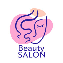 Beauty Salon Logo with Woman Face and Hair Curls, Isolated Emblem or Label for Female Parlor, Haircut Service Logotype