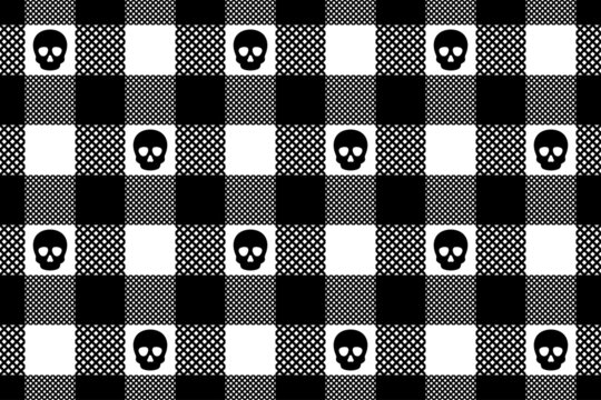 skull Halloween seamless pattern vector crossbone checked tartan plaid ghost pirate icon checked repeat wallpaper tile background cartoon doodle scarf gift wrapping paper illustration design