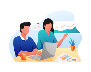 Flat Illustration vector graphic of Man and Woman working together communicate to work on the project business